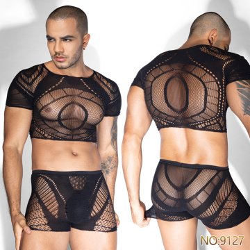 See-through Sexy Men’s Erotic Mesh Clothes Nightclub Bar Performance Men’s Erotic Hand Tearable Costume 9127